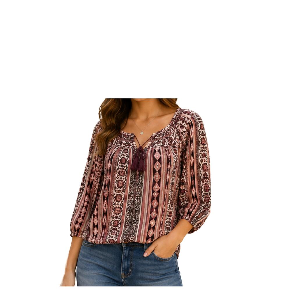 Style & Co Top Womens Size XXL Maroon Pullover Geometric Tassel 3/4 Sleeve Boho